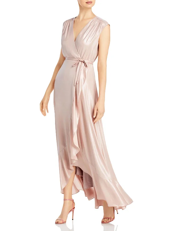 Womens Ruffled Shimmer Wrap Dress