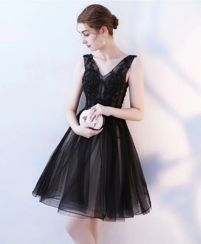 Black V Neck Tulle Lace Short Prom Dress, Homecoming Dress