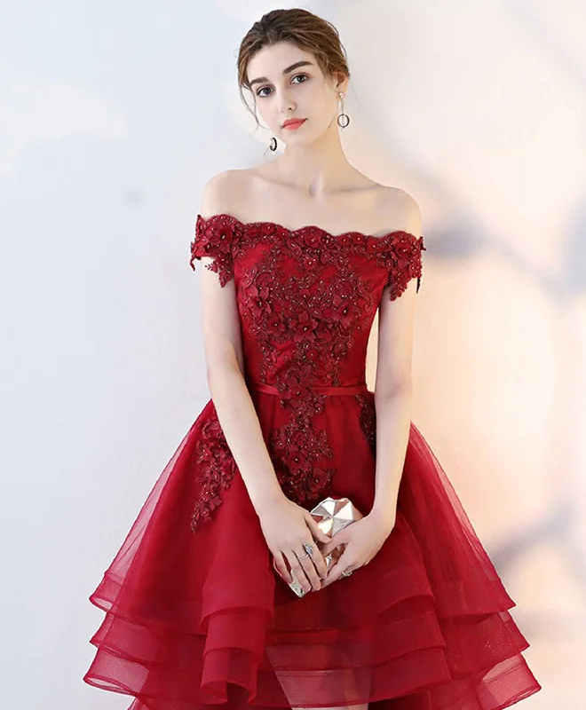 Burgundy High Low Tulle Lace Long Prom Dress, Lace Evening Dress