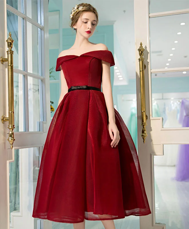 Burgundy Off Shoulder Short Prom Dress, Burgundy Evening Dress