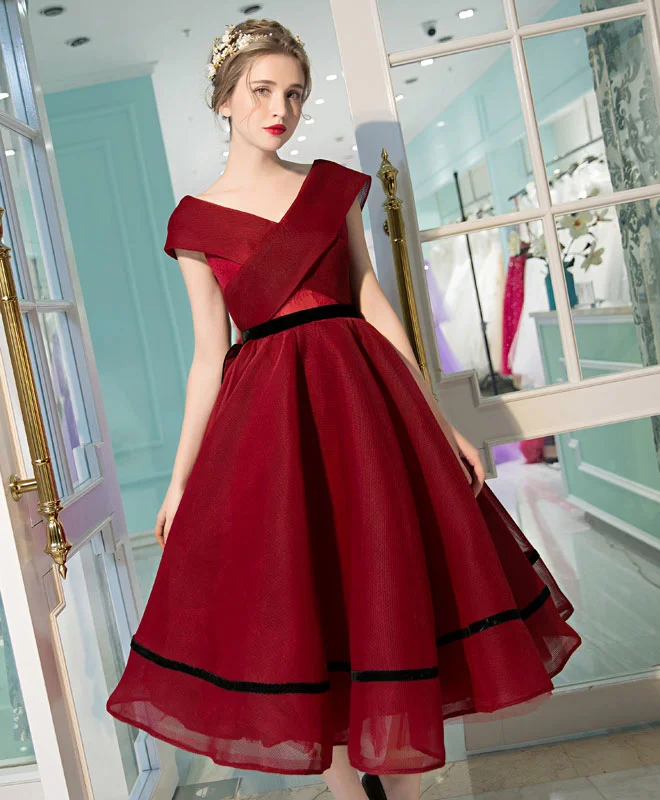 Burgundy V Neck Tea Length Prom Dress, Burgundy Evening Dress