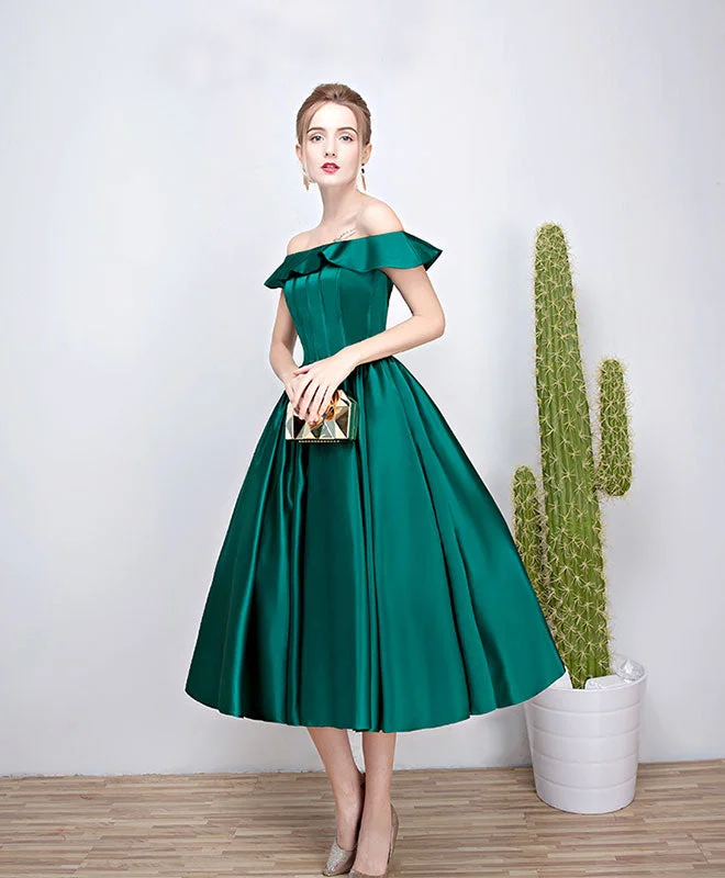 Green Satin Short Prom Dress, Green Tea Length Homecoming Dresses