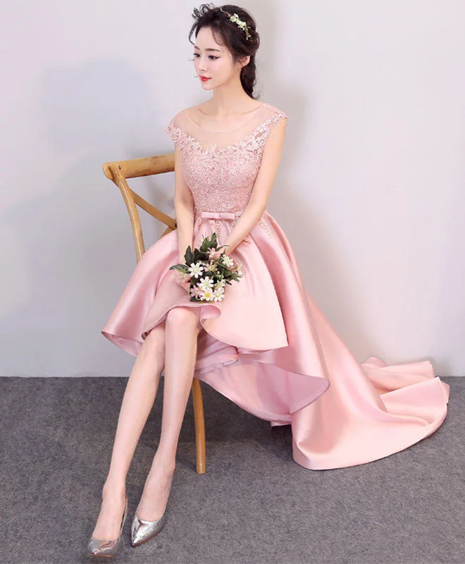 Pink High Low Lace Prom Dress, Pink Formal Bridesmaid Dress