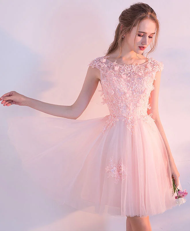 Pink Lace Tulle Short Prom Dress, Lace Pink Cute Homecoming Dresses