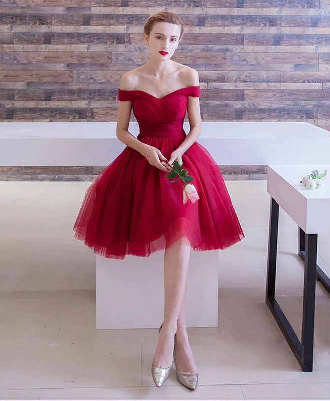 Simple Burgundy Tulle Short Prom Dress, Burgundy Homecoming Dress