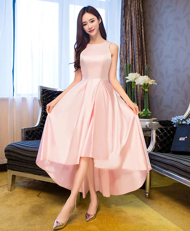 Simple Pink Satin Tea Length Prom Dress, Pink Homecoming Dresses