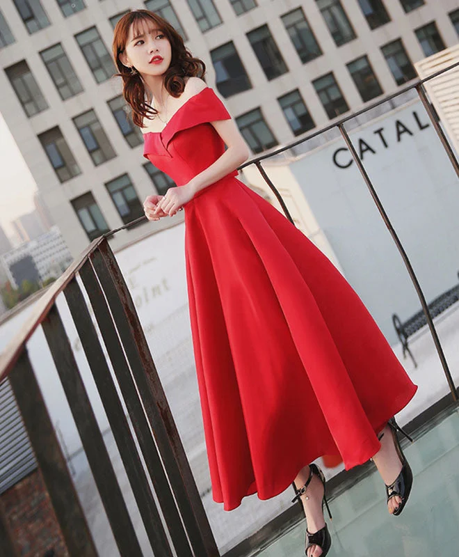 Simple Red Off Shoulder Tea Length Prom Dress, Red Evening Dress