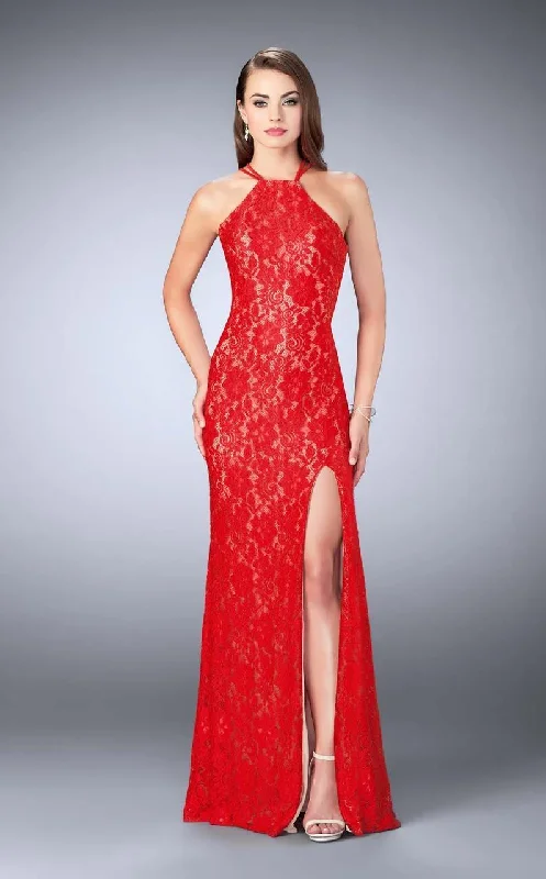 La Femme - 24293 Classic High Halter Lace Long Sheath Evening Gown